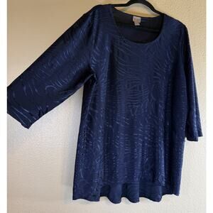 Chico's 3/Size XL 3D Floral 3/4 Sleeve Crew Neck Blouse Navy